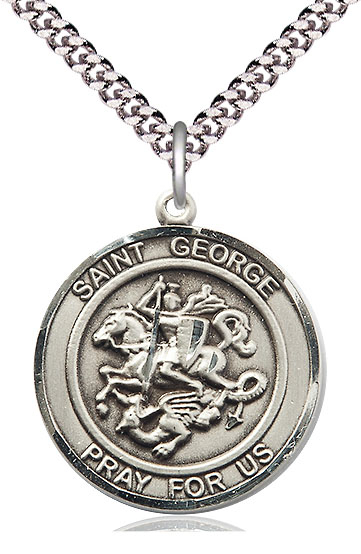 Sterling Silver Saint George Pendant on a 24 inch Light Rhodium Heavy Curb chain