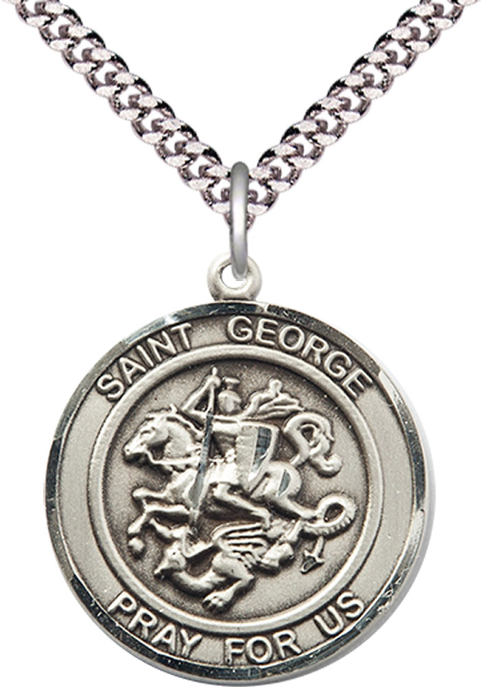 Sterling Silver Saint George Pendant on a 24 inch Light Rhodium Heavy Curb chain