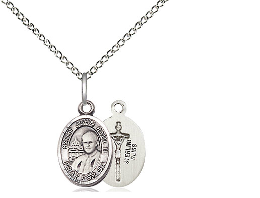 Sterling Silver Saint John Paul II Pendant on a 18 inch Sterling Silver Light Curb chain