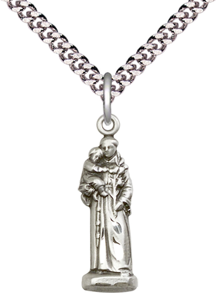 Sterling Silver Saint Anthony Pendant on a 24 inch Light Rhodium Heavy Curb chain