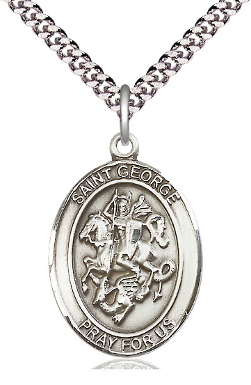 Sterling Silver Saint George Pendant on a 24 inch Light Rhodium Heavy Curb chain