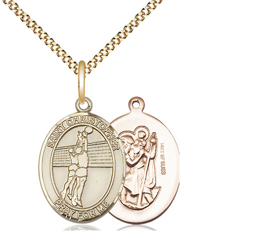 14kt Gold Filled Saint Christopher Volleyball Pendant on a 18 inch Gold Plate Light Curb chain