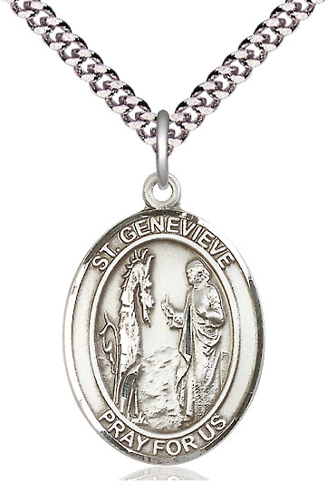 Sterling Silver Saint Genevieve Pendant on a 24 inch Light Rhodium Heavy Curb chain