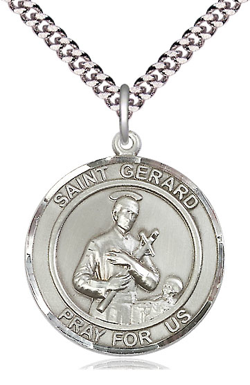 Sterling Silver Saint Gerard Pendant on a 24 inch Light Rhodium Heavy Curb chain