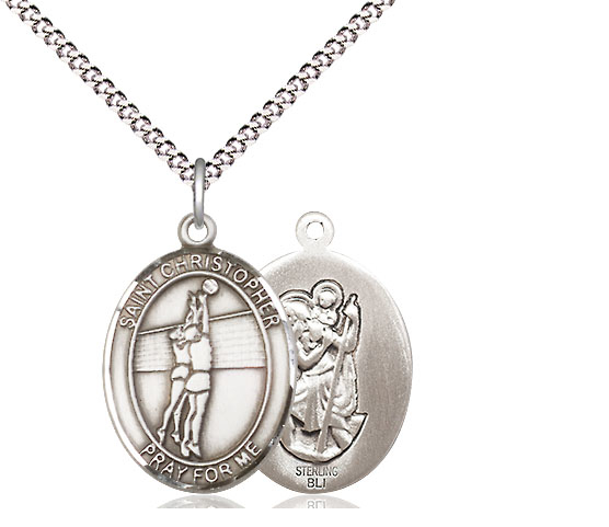 Sterling Silver Saint Christopher Volleyball Pendant on a 18 inch Light Rhodium Light Curb chain