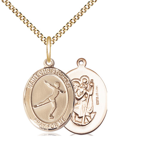 14kt Gold Filled Saint Christopher Figure Skating Pendant on a 18 inch Gold Plate Light Curb chain