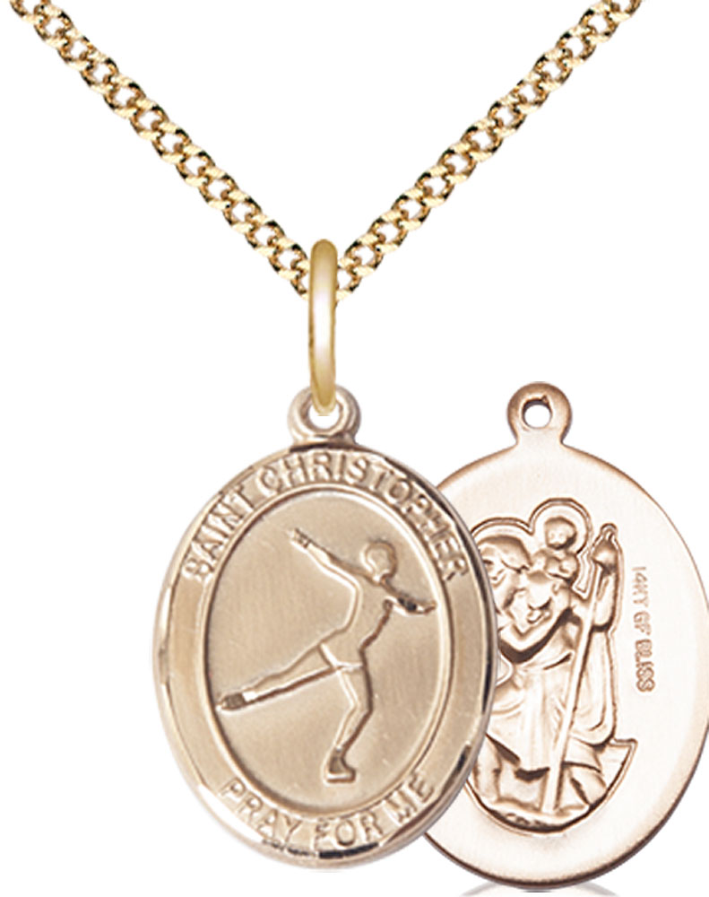 14kt Gold Filled Saint Christopher Figure Skating Pendant on a 18 inch Gold Plate Light Curb chain