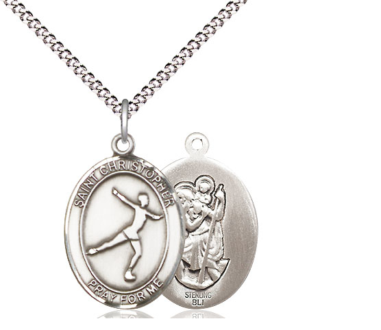 Sterling Silver Saint Christopher Figure Skating Pendant on a 18 inch Light Rhodium Light Curb chain
