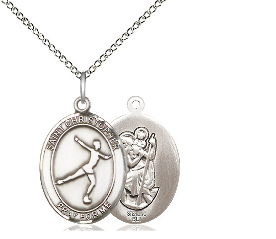 Sterling Silver Saint Christopher Figure Skating Pendant on a 18 inch Sterling Silver Light Curb chain