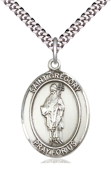 Sterling Silver Saint Gregory the Great Pendant on a 24 inch Light Rhodium Heavy Curb chain
