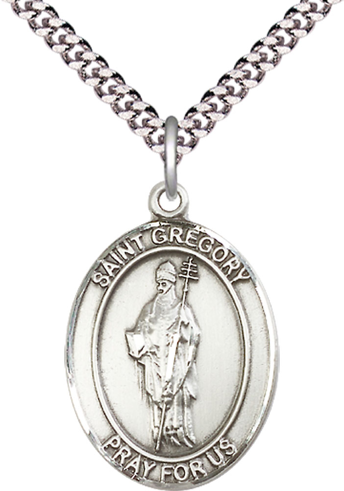 Sterling Silver Saint Gregory the Great Pendant on a 24 inch Light Rhodium Heavy Curb chain