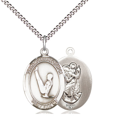 Sterling Silver Saint Christopher Gymnastics Pendant on a 18 inch Light Rhodium Light Curb chain