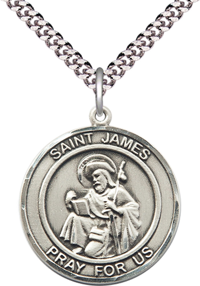 Sterling Silver Saint James the Greater Pendant on a 24 inch Light Rhodium Heavy Curb chain