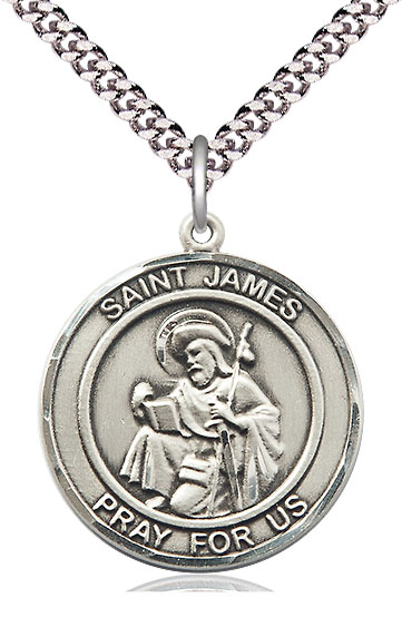 Sterling Silver Saint James the Greater Pendant on a 24 inch Light Rhodium Heavy Curb chain