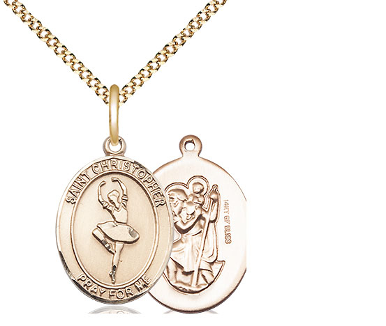 14kt Gold Filled Saint Christopher Dance Pendant on a 18 inch Gold Plate Light Curb chain