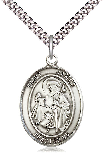 Sterling Silver Saint James the Greater Pendant on a 24 inch Light Rhodium Heavy Curb chain