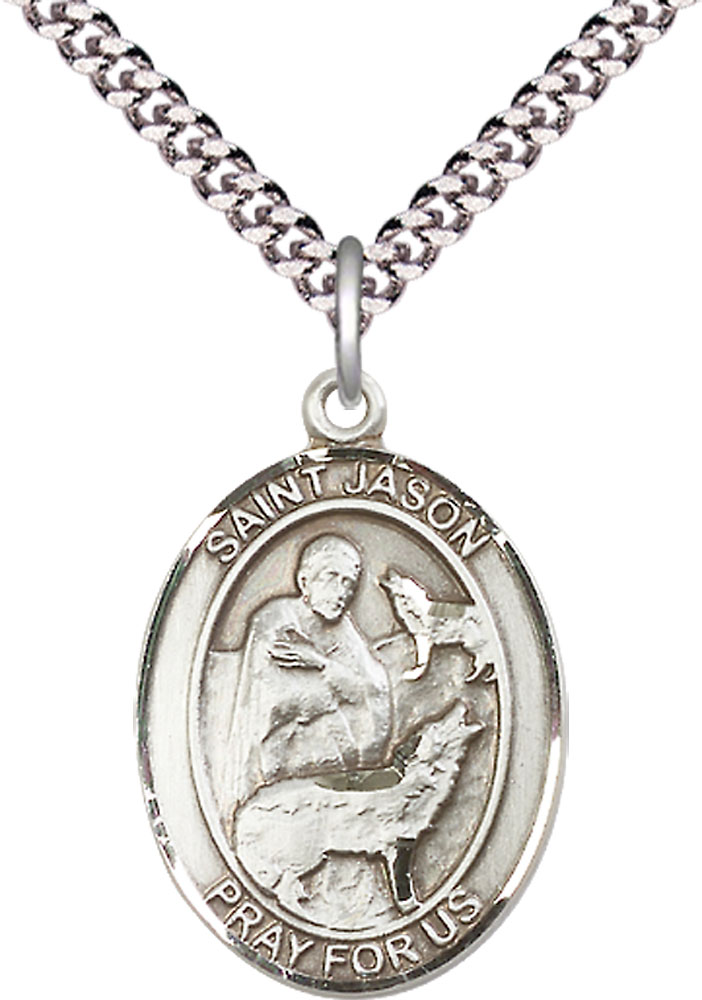 Sterling Silver Saint Jason Pendant on a 24 inch Light Rhodium Heavy Curb chain