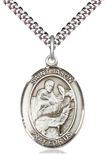 Sterling Silver Saint Jason Pendant on a 24 inch Light Rhodium Heavy Curb chain