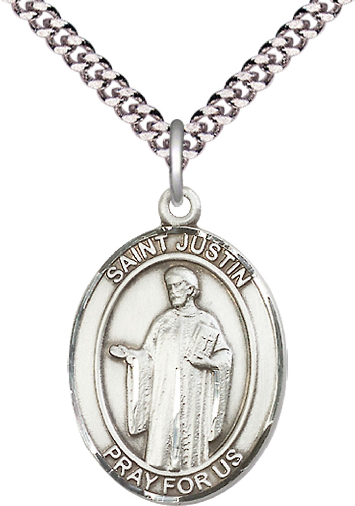 Sterling Silver Saint Justin Pendant on a 24 inch Light Rhodium Heavy Curb chain