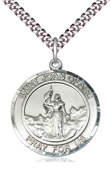 Sterling Silver Saint Joan of Arc Pendant on a 24 inch Light Rhodium Heavy Curb chain