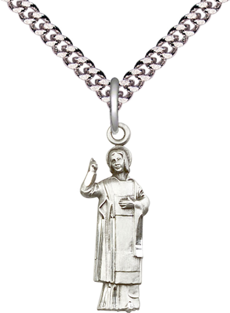 Sterling Silver Saint Stephen Pendant on a 24 inch Light Rhodium Heavy Curb chain