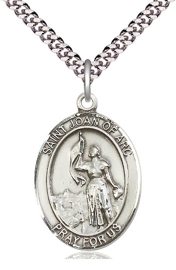 Sterling Silver Saint Joan of Arc Pendant on a 24 inch Light Rhodium Heavy Curb chain