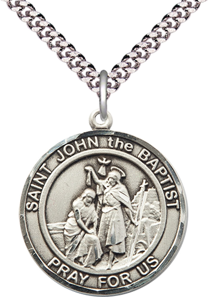Sterling Silver Saint John the Baptist Pendant on a 24 inch Light Rhodium Heavy Curb chain