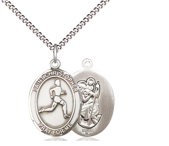 Sterling Silver Saint Christopher Track&amp;Field Pendant on a 18 inch Light Rhodium Light Curb chain