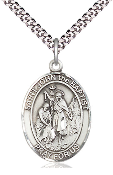 Sterling Silver Saint John the Baptist Pendant on a 24 inch Light Rhodium Heavy Curb chain