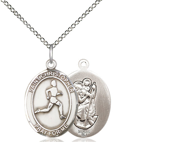 Sterling Silver Saint Christopher Track&amp;Field Pendant on a 18 inch Sterling Silver Light Curb chain