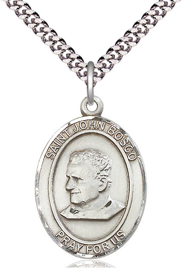 Sterling Silver Saint John Bosco Pendant on a 24 inch Light Rhodium Heavy Curb chain