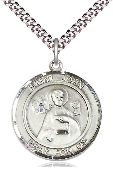 Sterling Silver Saint John the Apostle Pendant on a 24 inch Light Rhodium Heavy Curb chain