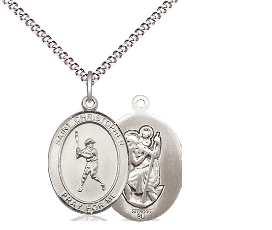 Sterling Silver Saint Christopher Baseball Pendant on a 18 inch Light Rhodium Light Curb chain