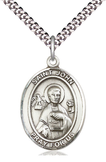 Sterling Silver Saint John the Apostle Pendant on a 24 inch Light Rhodium Heavy Curb chain