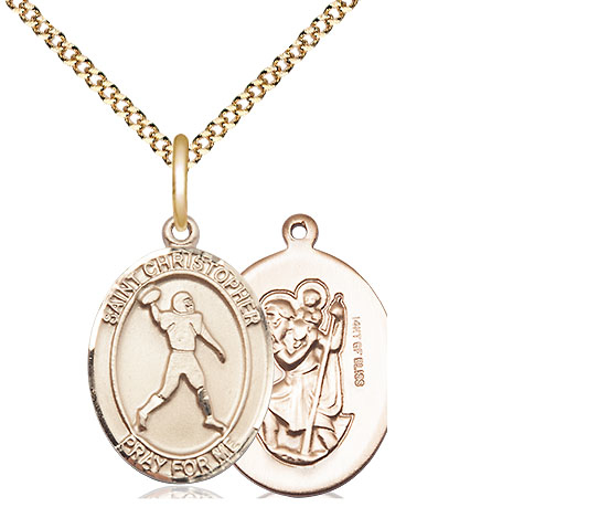 14kt Gold Filled Saint Christopher Football Pendant on a 18 inch Gold Plate Light Curb chain