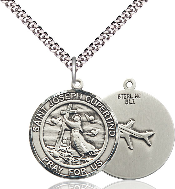 Sterling Silver Saint Joseph of Cupertino Pendant on a 24 inch Light Rhodium Heavy Curb chain