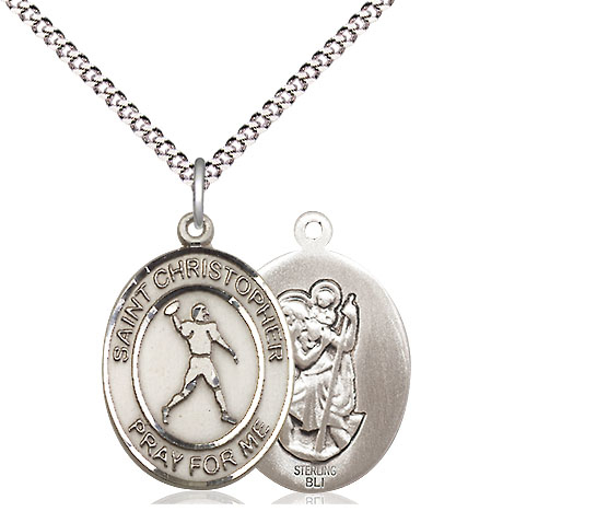 Sterling Silver Saint Christopher Football Pendant on a 18 inch Light Rhodium Light Curb chain