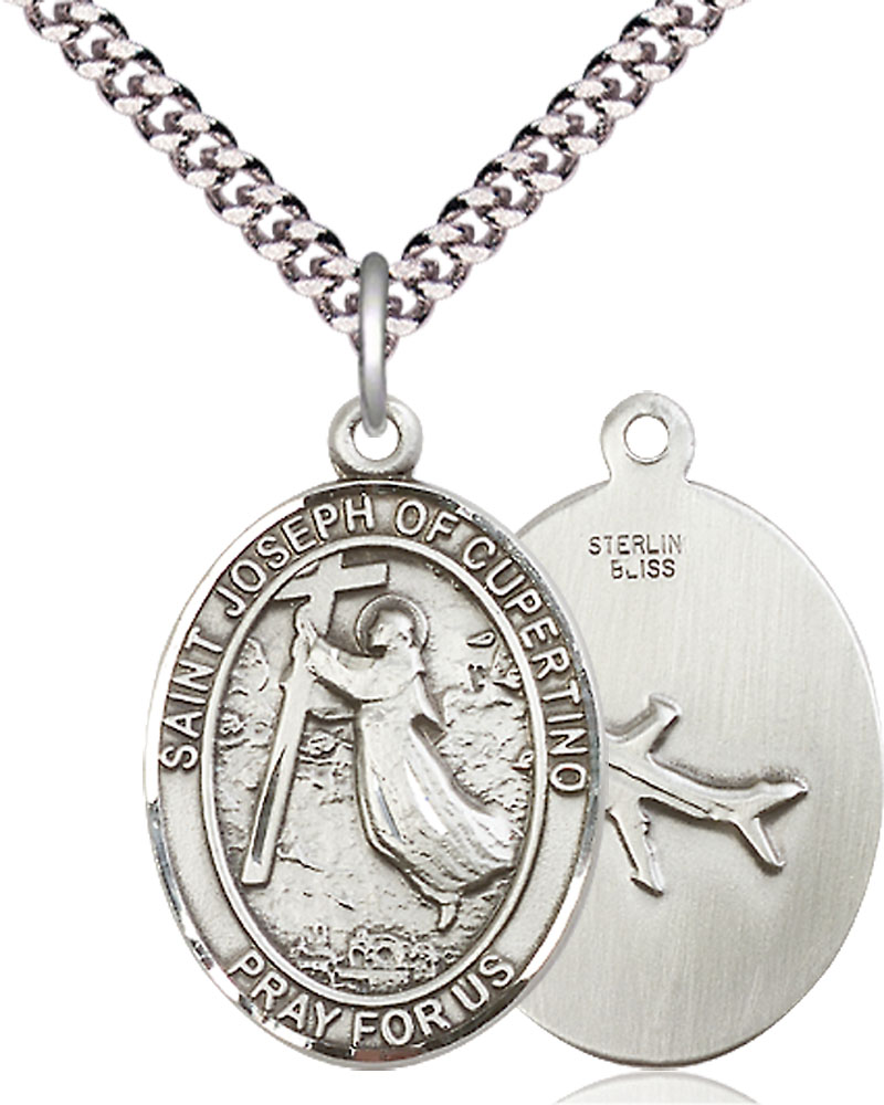 Sterling Silver Saint Joseph of Cupertino Pendant on a 24 inch Light Rhodium Heavy Curb chain