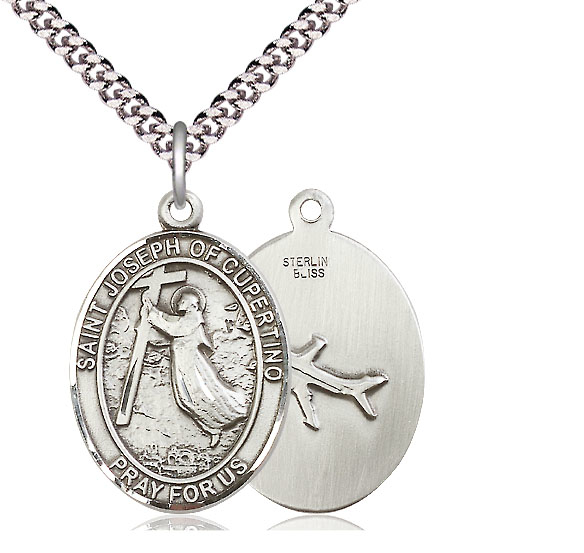 Sterling Silver Saint Joseph of Cupertino Pendant on a 24 inch Light Rhodium Heavy Curb chain