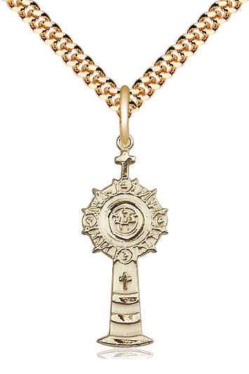 14kt Gold Filled Monstrance Pendant on a 24 inch Gold Plate Heavy Curb chain