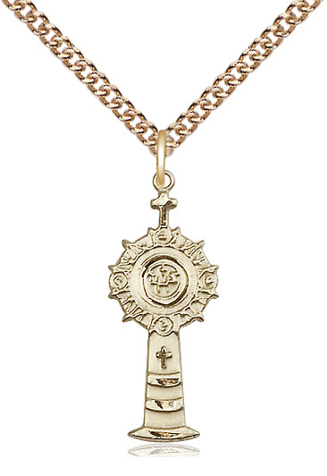 14kt Gold Filled Monstrance Pendant on a 24 inch Gold Filled Heavy Curb chain