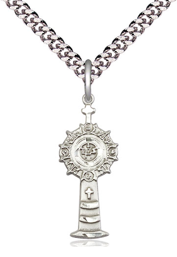 Sterling Silver Monstrance Pendant on a 24 inch Light Rhodium Heavy Curb chain