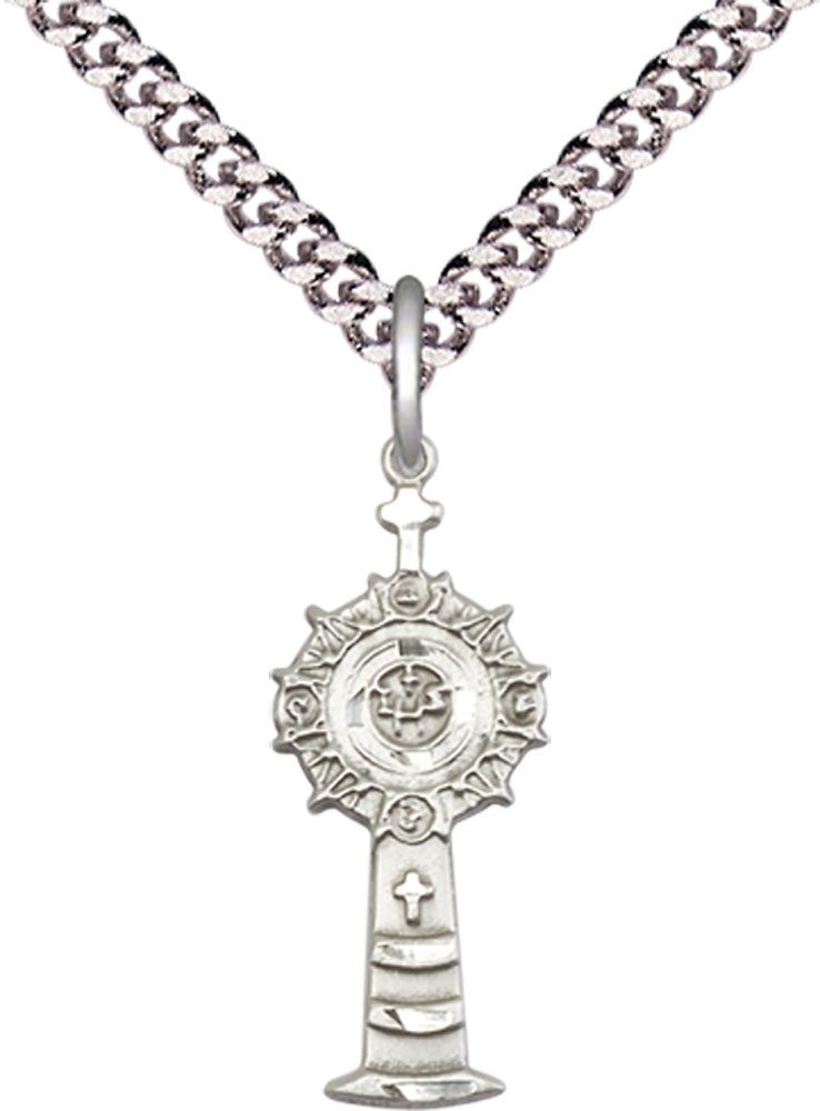 Sterling Silver Monstrance Pendant on a 24 inch Light Rhodium Heavy Curb chain