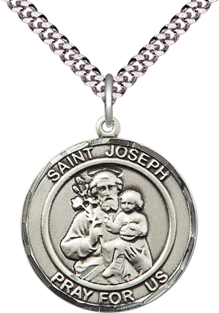 Sterling Silver Saint Joseph Pendant on a 24 inch Light Rhodium Heavy Curb chain