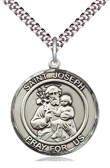 Sterling Silver Saint Joseph Pendant on a 24 inch Light Rhodium Heavy Curb chain