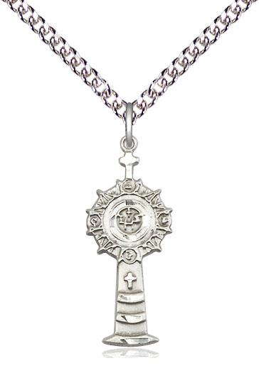 Sterling Silver Monstrance Pendant on a 24 inch Sterling Silver Heavy Curb chain