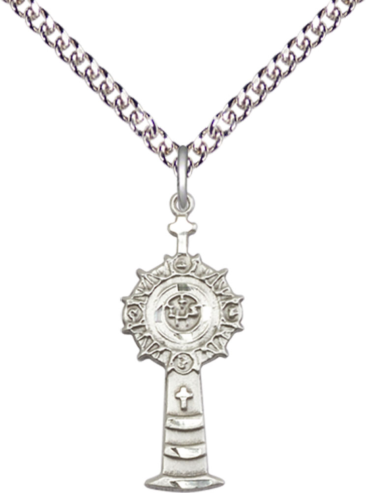 Sterling Silver Monstrance Pendant on a 24 inch Sterling Silver Heavy Curb chain