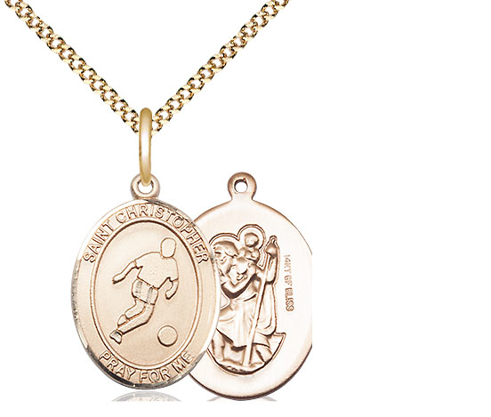 14kt Gold Filled Saint Christopher Soccer Pendant on a 18 inch Gold Plate Light Curb chain