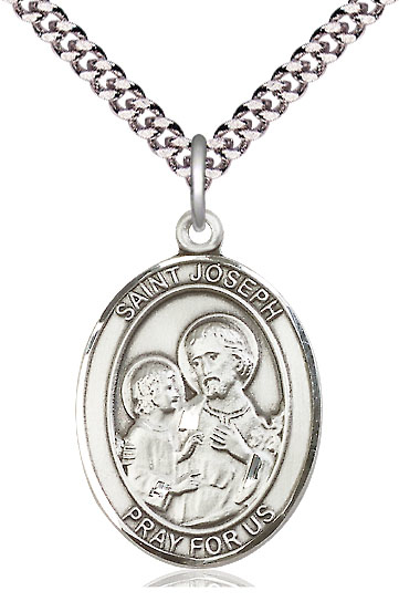 Sterling Silver Saint Joseph Pendant on a 24 inch Light Rhodium Heavy Curb chain