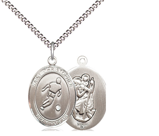 Sterling Silver Saint Christopher Soccer Pendant on a 18 inch Light Rhodium Light Curb chain